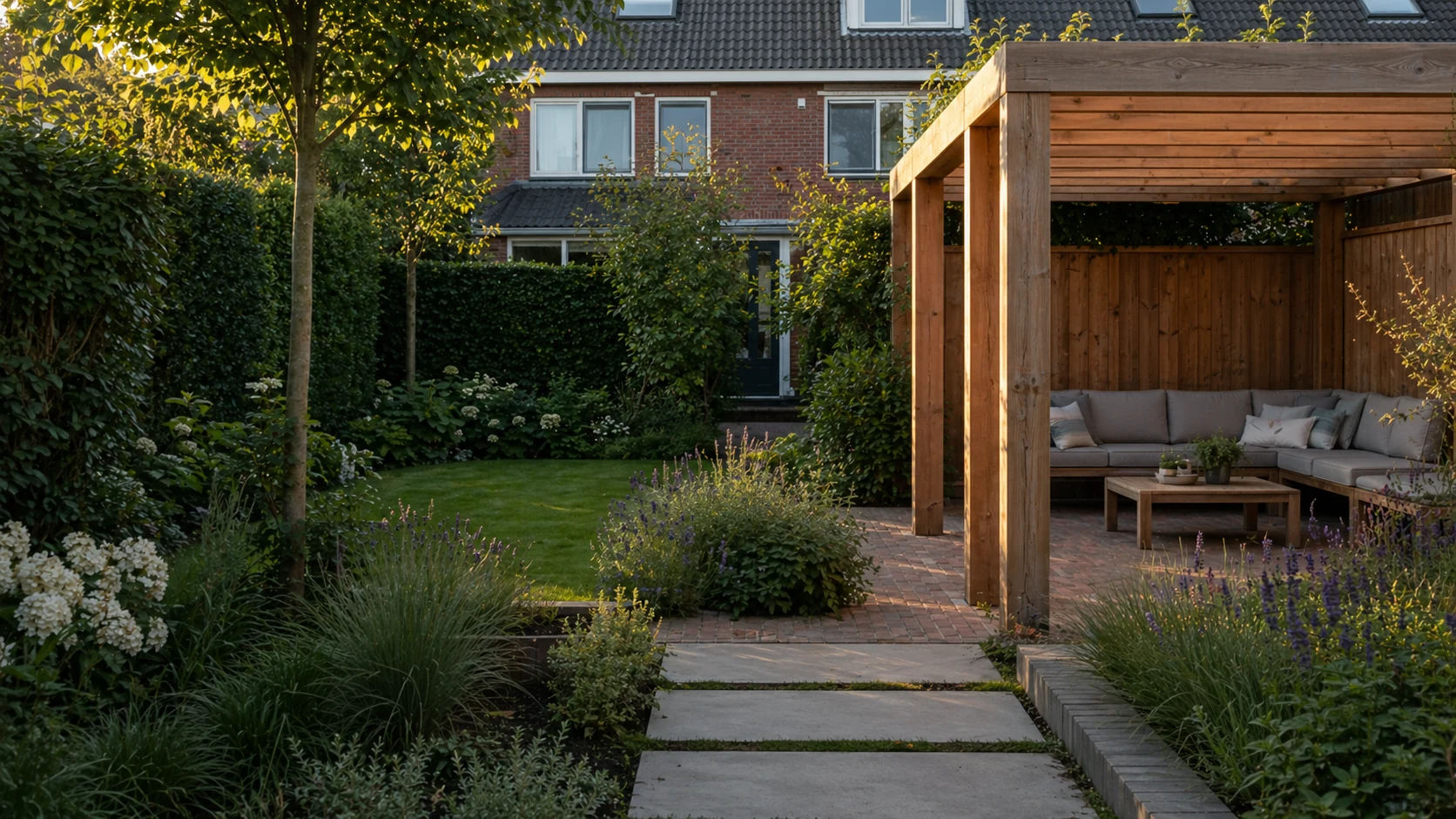 Rustig tuinproject als visuele richting voor hovenierswebsites